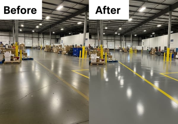 Commercial warehouse before and after epoxy flooring installation
