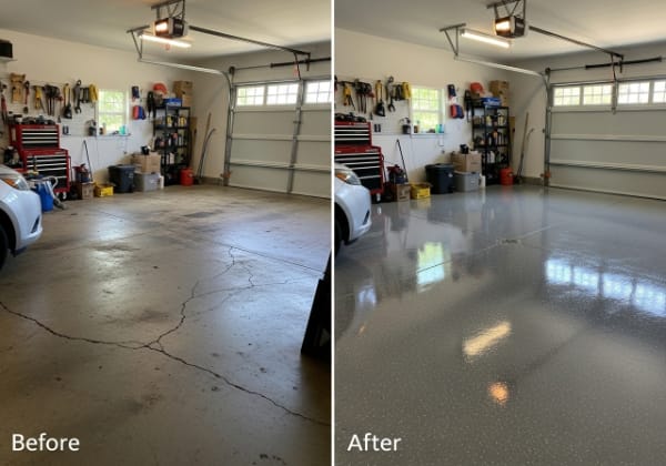 Before and after residential garage epoxy flooring in Camden NJ